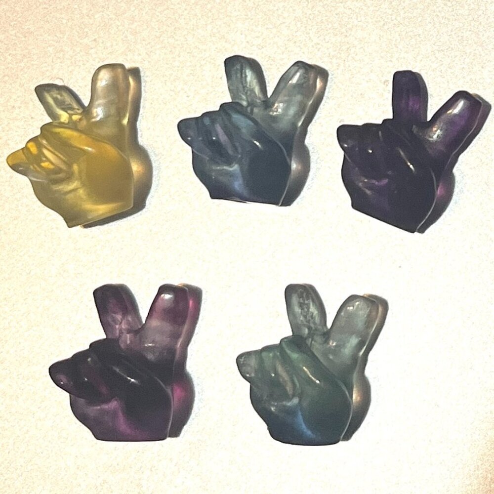 Lot Of 5 Mini Carved Fluorite Peace Sign Hand Crystal